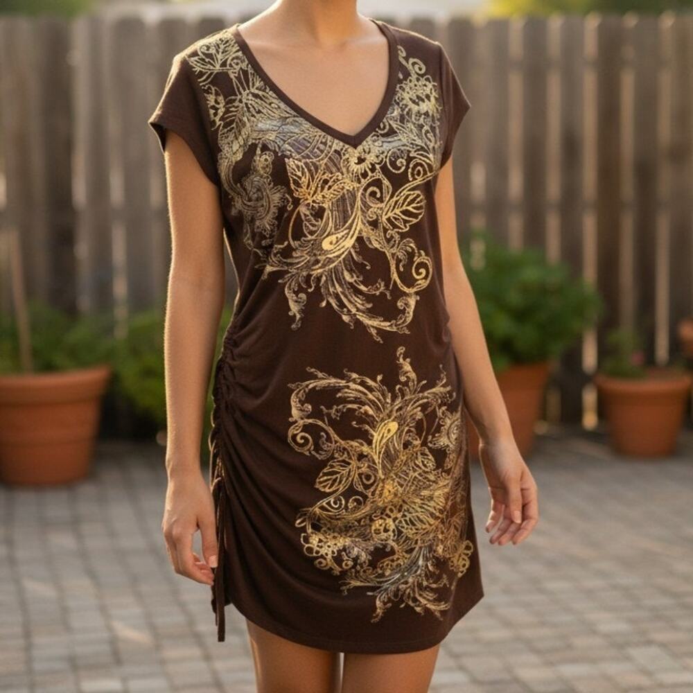 Cache Brown With  Gold Silver Print Bodycon Dress Sz‎ M Stretchy V Neck